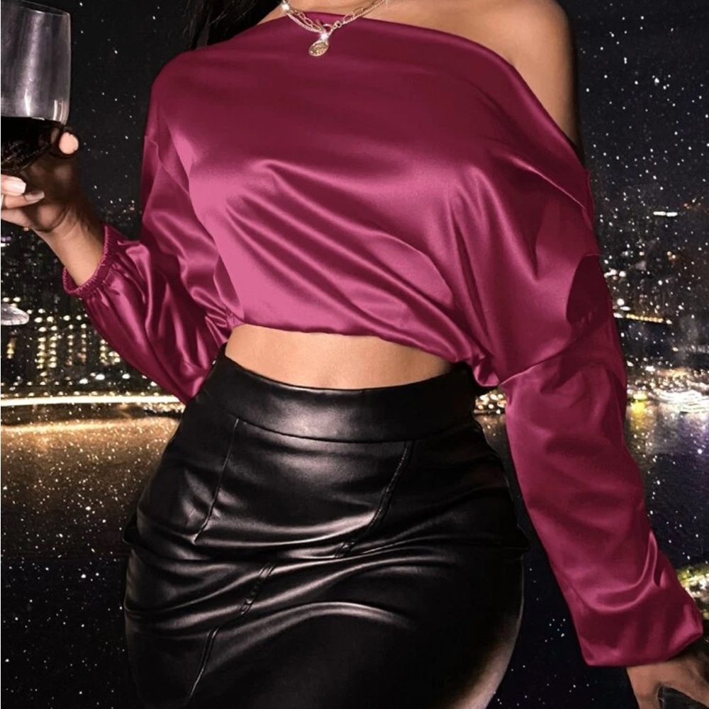 Asymmetrical Neck Lantern Sleeve Crop Blouse
